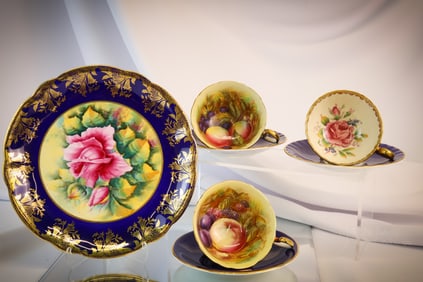 7 pc English Paragon & Ansley Hand Painted Porcelain Cobalt Items