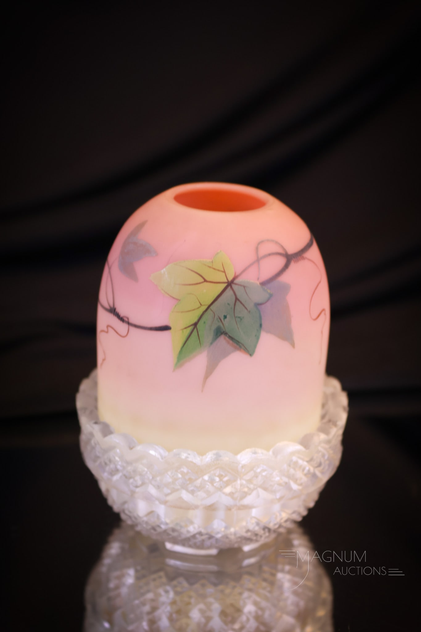 Webb Burmese Ivy Decorated Victorian Glass Fairy Lamp: A select find in this Webb burmese Victorian glass decorated fairy lamp. This lamp is made in burmese glass with ivy hand-painted decoration. It sits on an original, clear Clarke's candle cup, complet