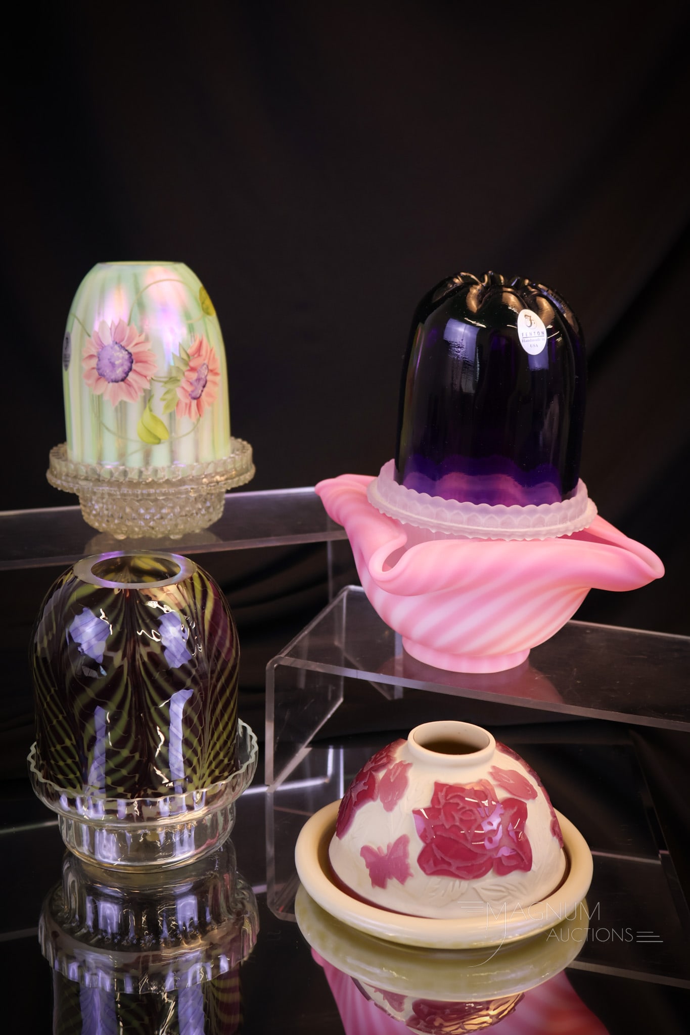 4 pc LotFenton Kelsey Murphy Cameo & Studio Glass Fairy Lamps: Four very nice fairy lamps in this lot of plenty. This offering includes a Kelsey Murphy "Roses" cameo example circa 2000. A Fenton Topaz hand-painted shade and insert. A Sutfio glass example with a p