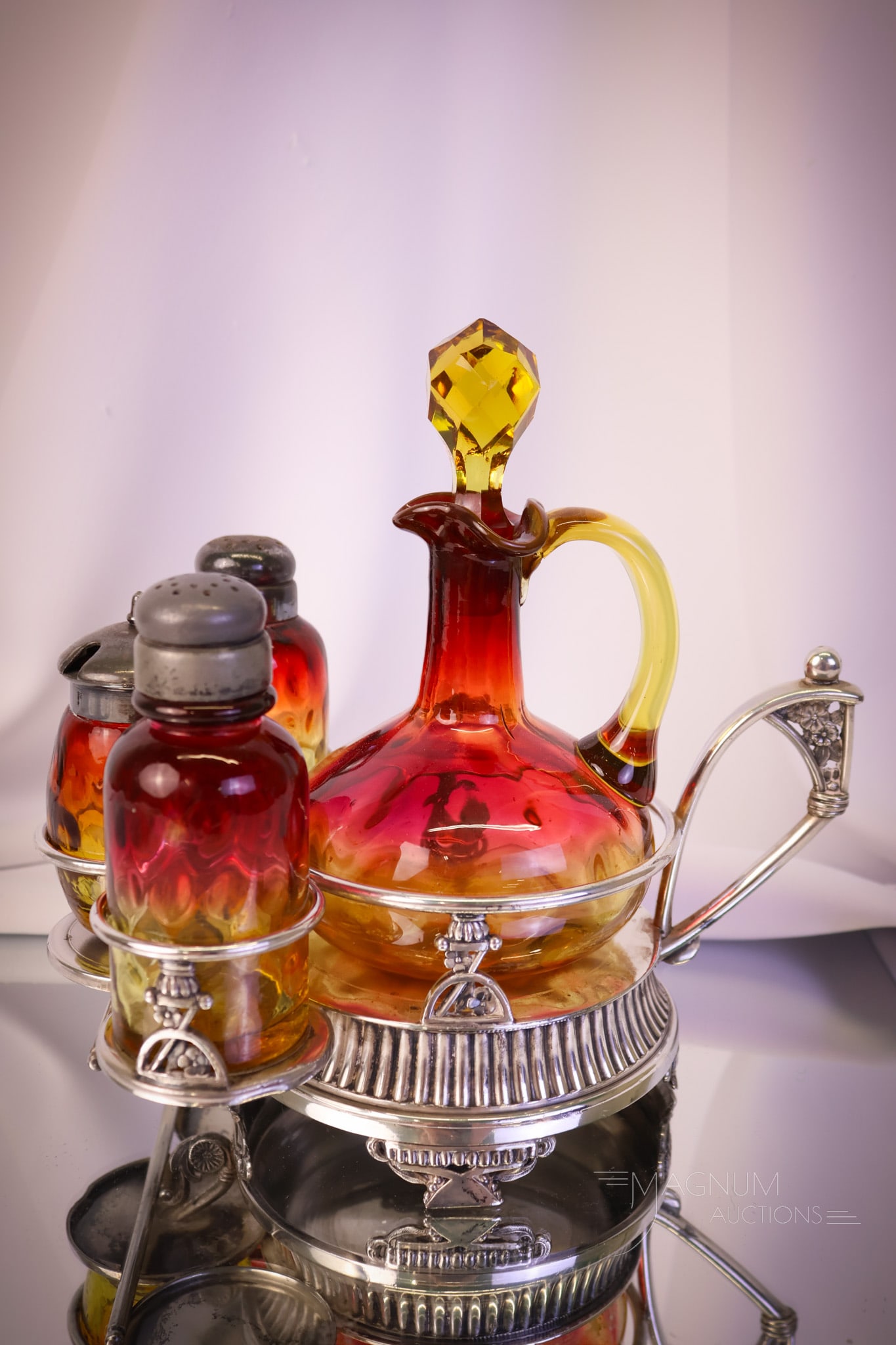 Acme Victorian Silverplate Mt. Washington Amberina Glass Cruet Shaker Condiment Set (1 of 16)