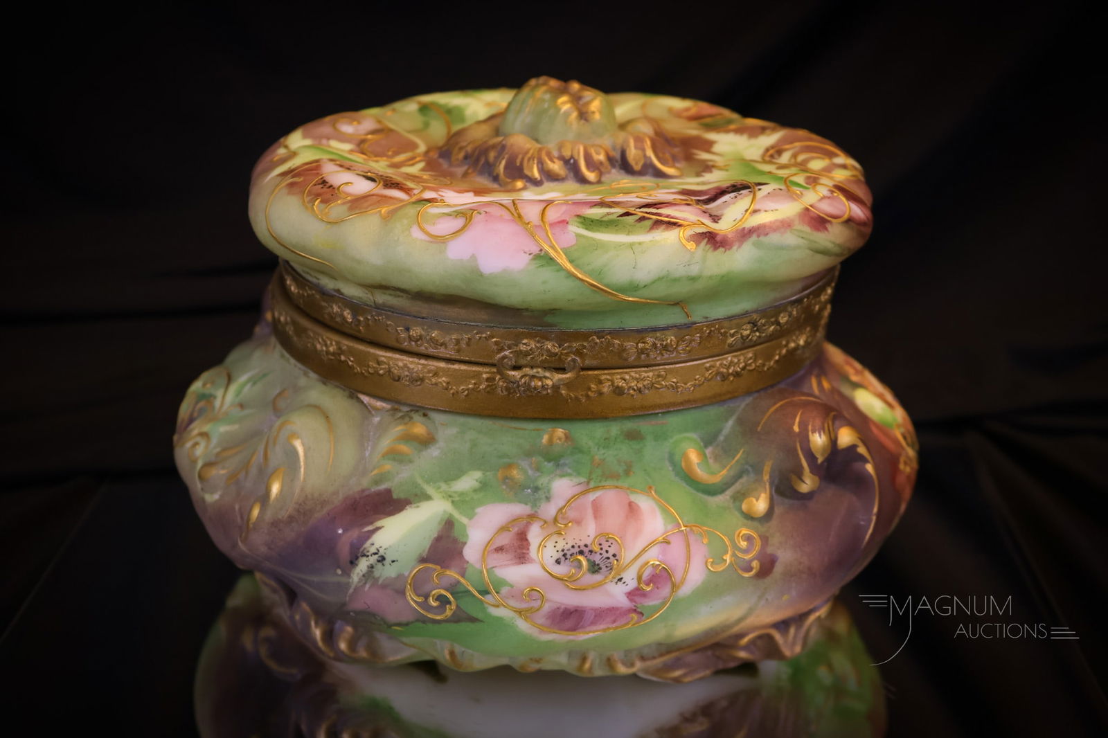 8" Victorian Pairpoint Glass Decorated Dresser Box: Another beautiful piece to add to your collection. This is a pairpoint embossed scroll blown-out dresser box. This box is decorated in earth-toned colors and gilt decoration along with pink flowers. T