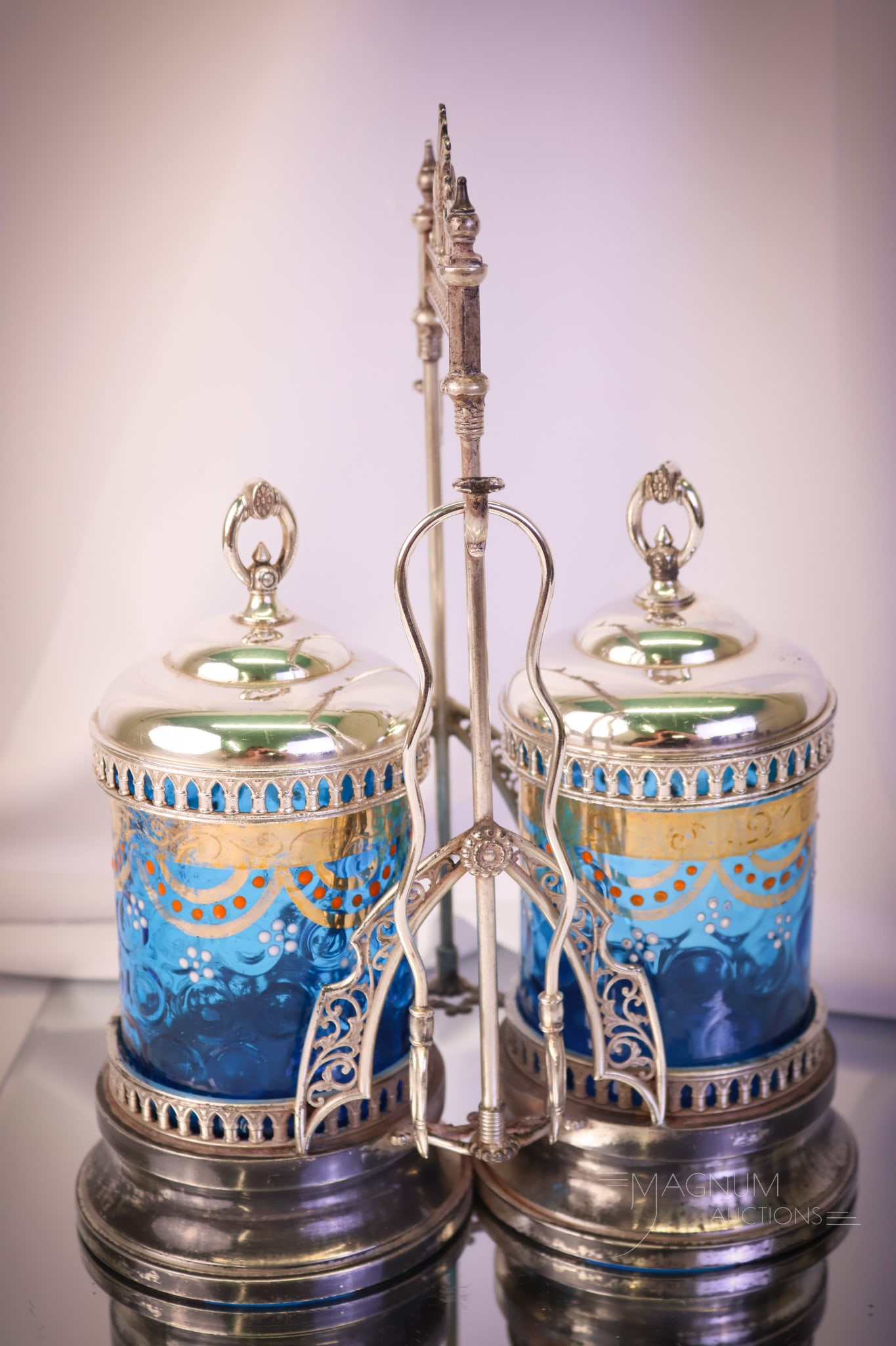 Simpson Hall Miller Victorian Silverplate Blue Enameled Victorian Glass Double Pickle Castor (1 of 18)