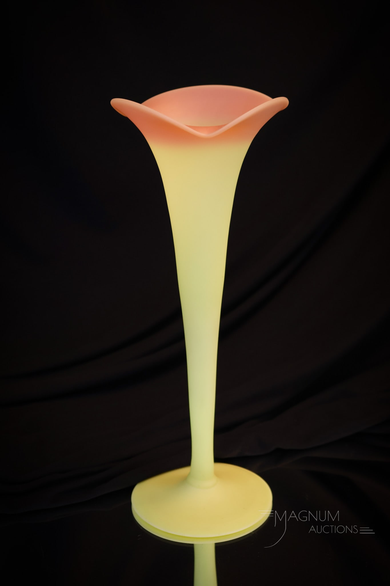 Mt. Washington Burmese Victorian Glass Trumpet 10 1/4" Vase: These are always desirable, and this one is no exception. This vase measures 10 1/4" tall of pure burmese glass beauty. It was made by Mt. Washington Glass. Will you be adding it to your collection? S