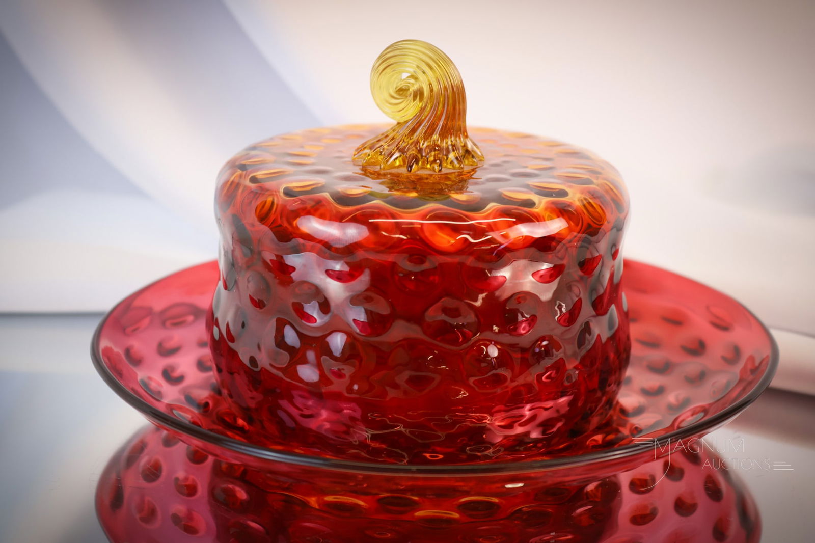 Rare Mt. Washington Victorian Amberina Glass Hobnail Butterdish: A rare find in Victorian Mt. Washington amberina glass. This is a covered butter in the Hobnail pattern. It has perfect coloring and form. The finial on the lid is curled. Beautiful! The butter measur