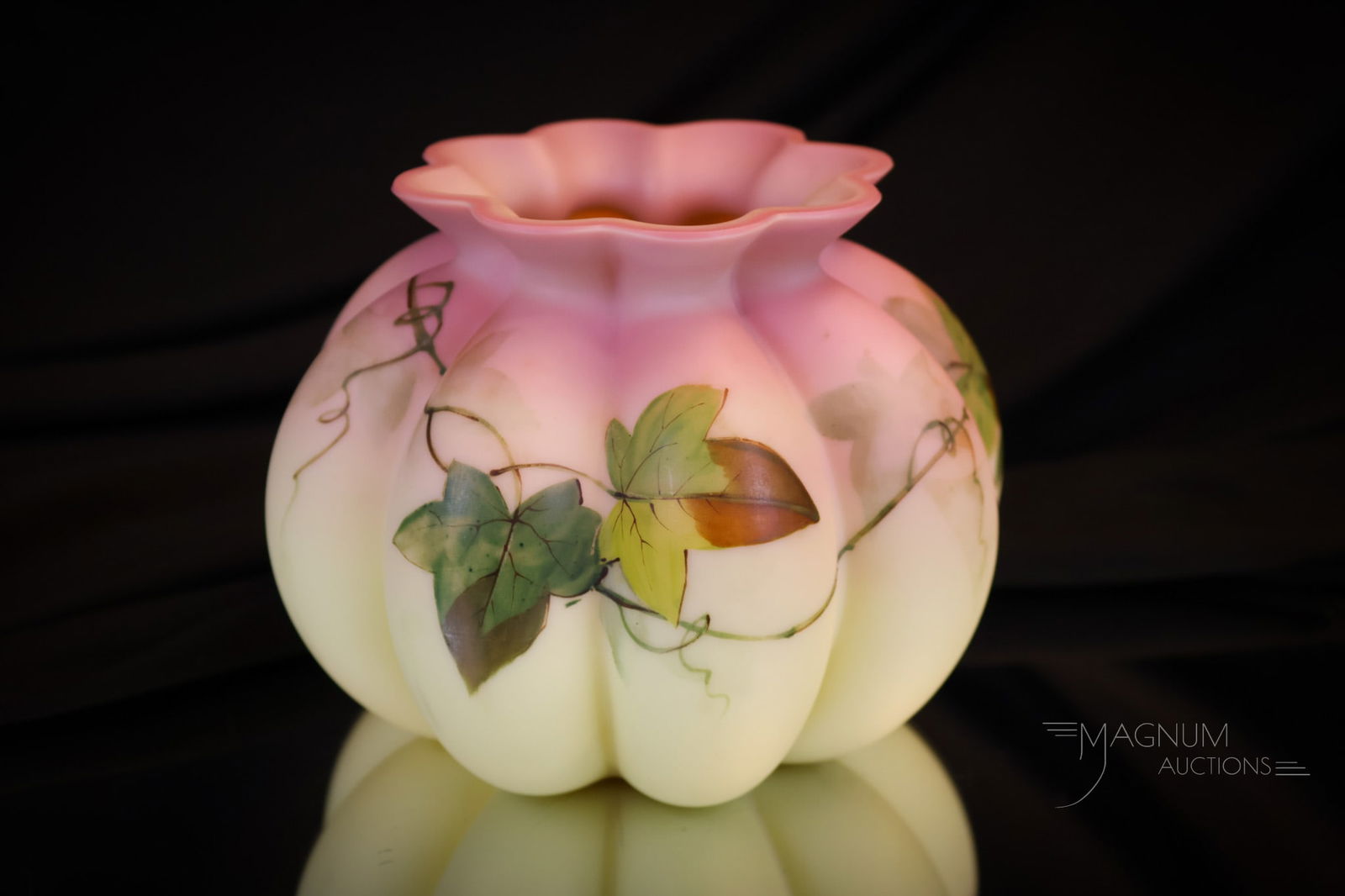 Webb Victorian Uranium Burmese Glass Ivy Cabinet 5 1/2" Vase (1 of 6)