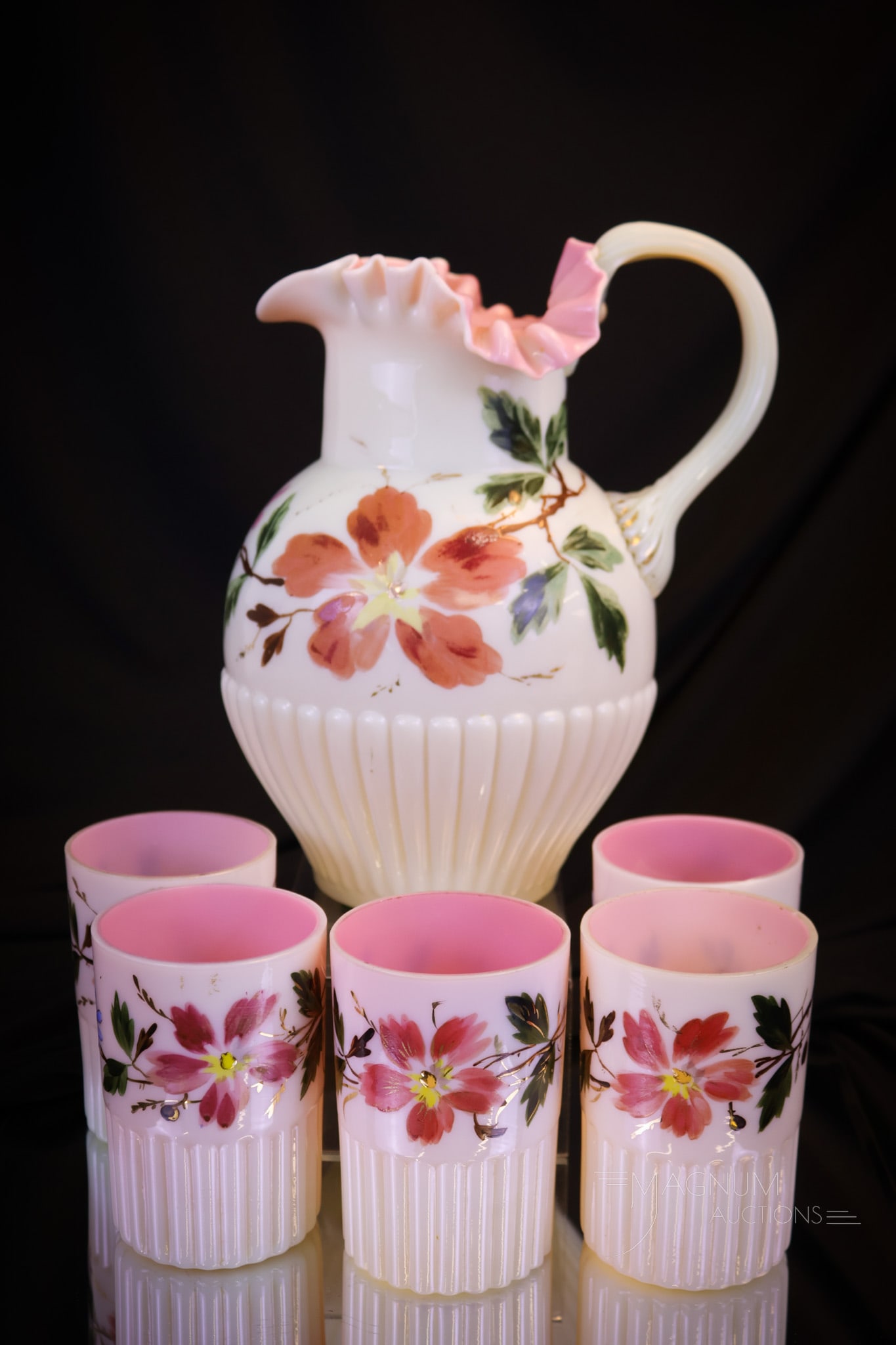 Victorian Uranium Pink Cased Glass Custard Glass Enameled 6 pc Water Set. (1 of 9)
