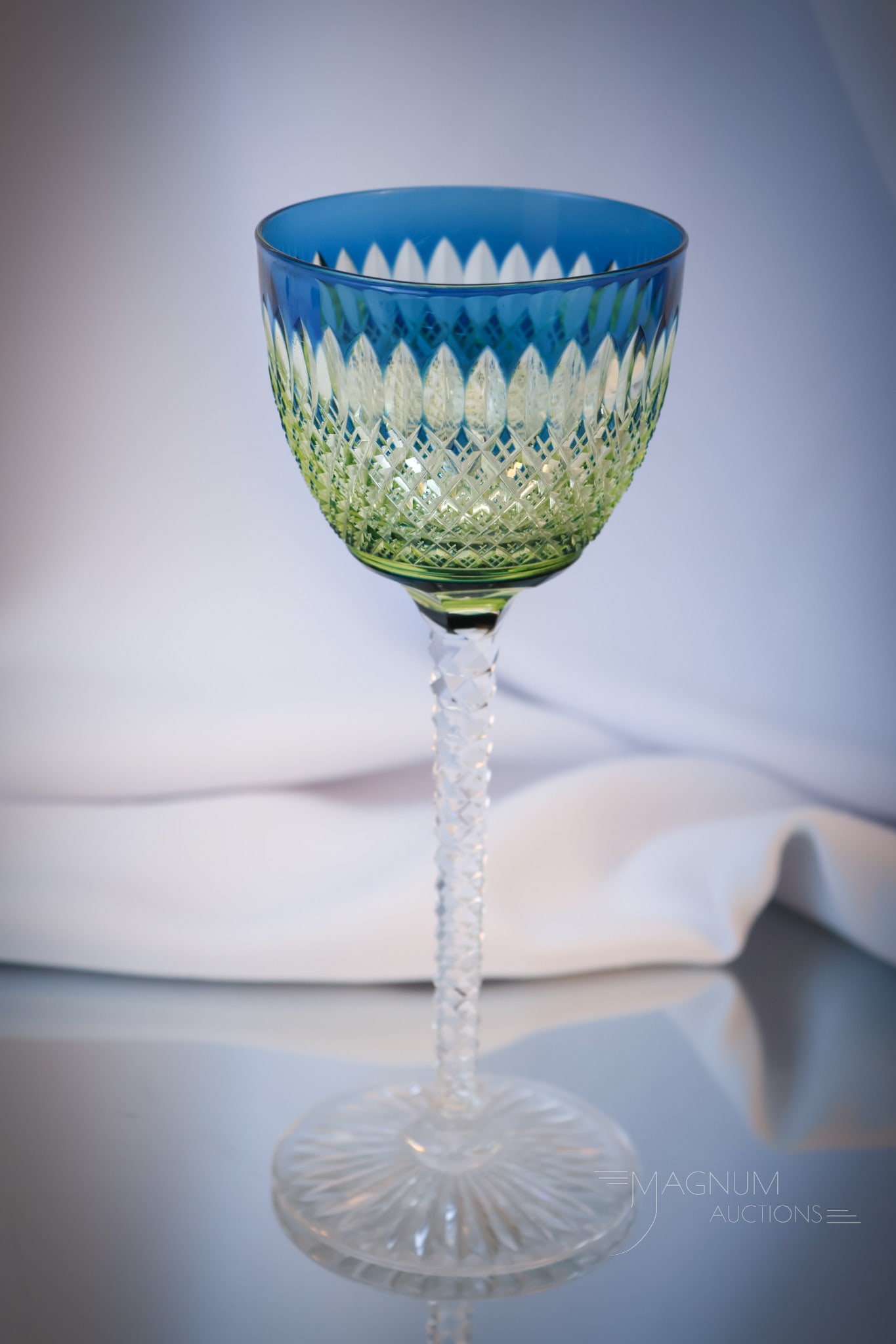 Val St. Lambert Vaseline Blue Cut Glass Goblet (1 of 14)