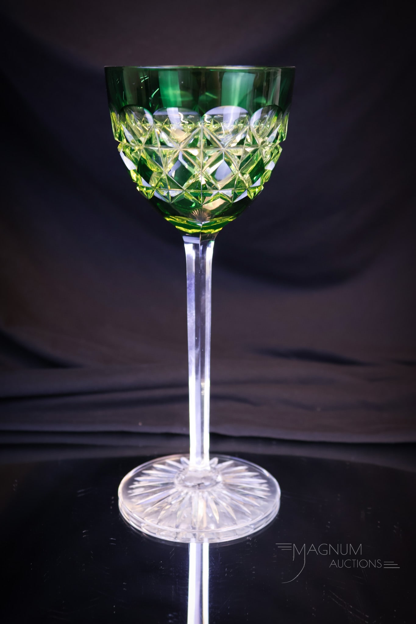 Val St. Lambert Vaseline Green Cut Glass Goblet (1 of 7)