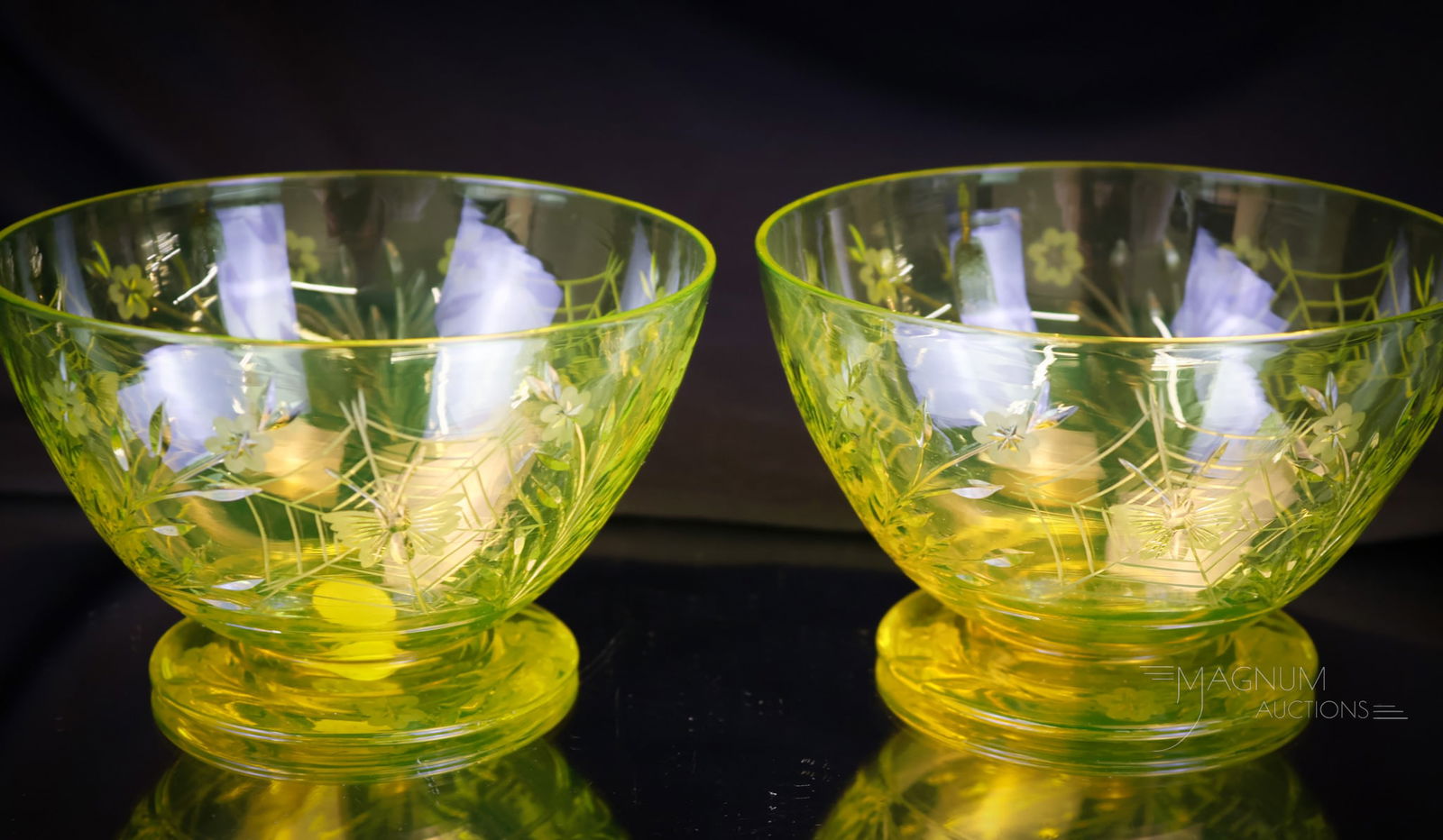 2 pc Lot Pairpoint "Canaria" Colias Vaseline Cut Glass Finger Bowls: Folks, this is the beginning of the sale of a collection of Pairpoint "Canaria" Colias pattern cut glass vaseline stems. We will be selling pieces from the collection in the upcoming sales. Time to st