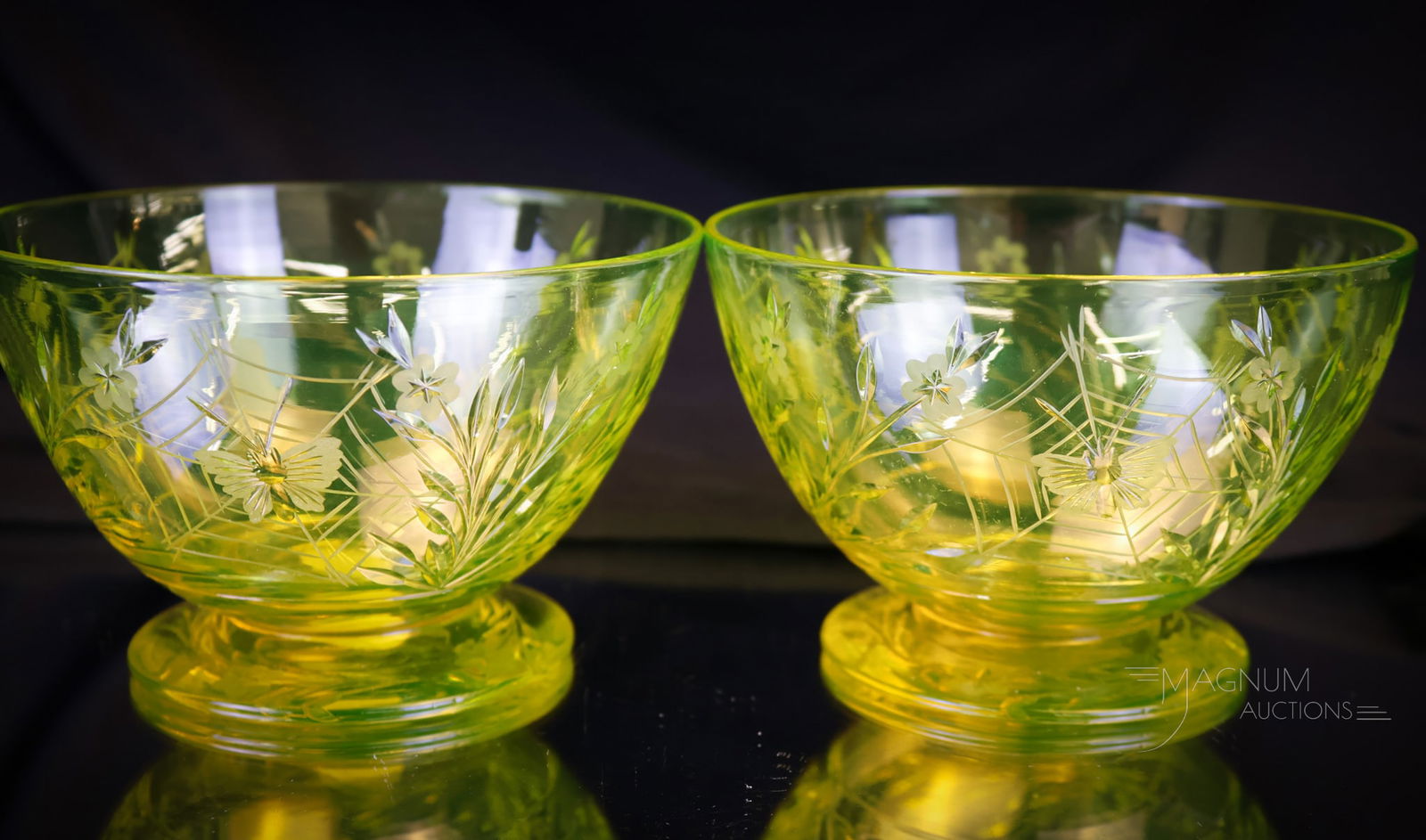 2 pc Lot Pairpoint "Canaria" Vaseline Colias Finger Bowls: Folks, this is the beginning of the sale of a collection of Pairpoint "Canaria" Colias pattern cut glass vaseline stems. We will be selling pieces from the collection in the upcoming sales. Time to st