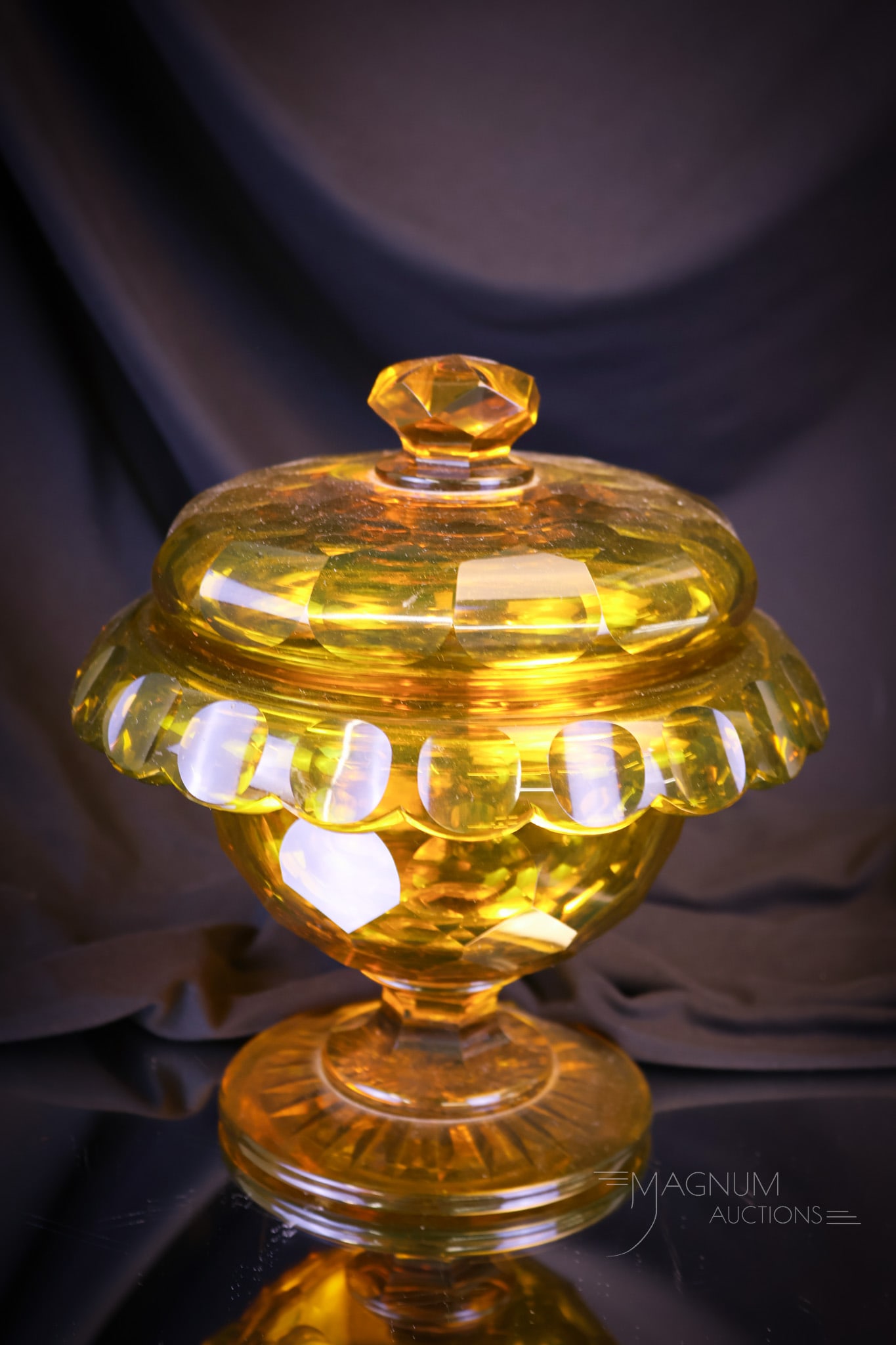 Uranium Amber Vaseline Glass Cut Glass Covered Candy Dish (1 of 8)
