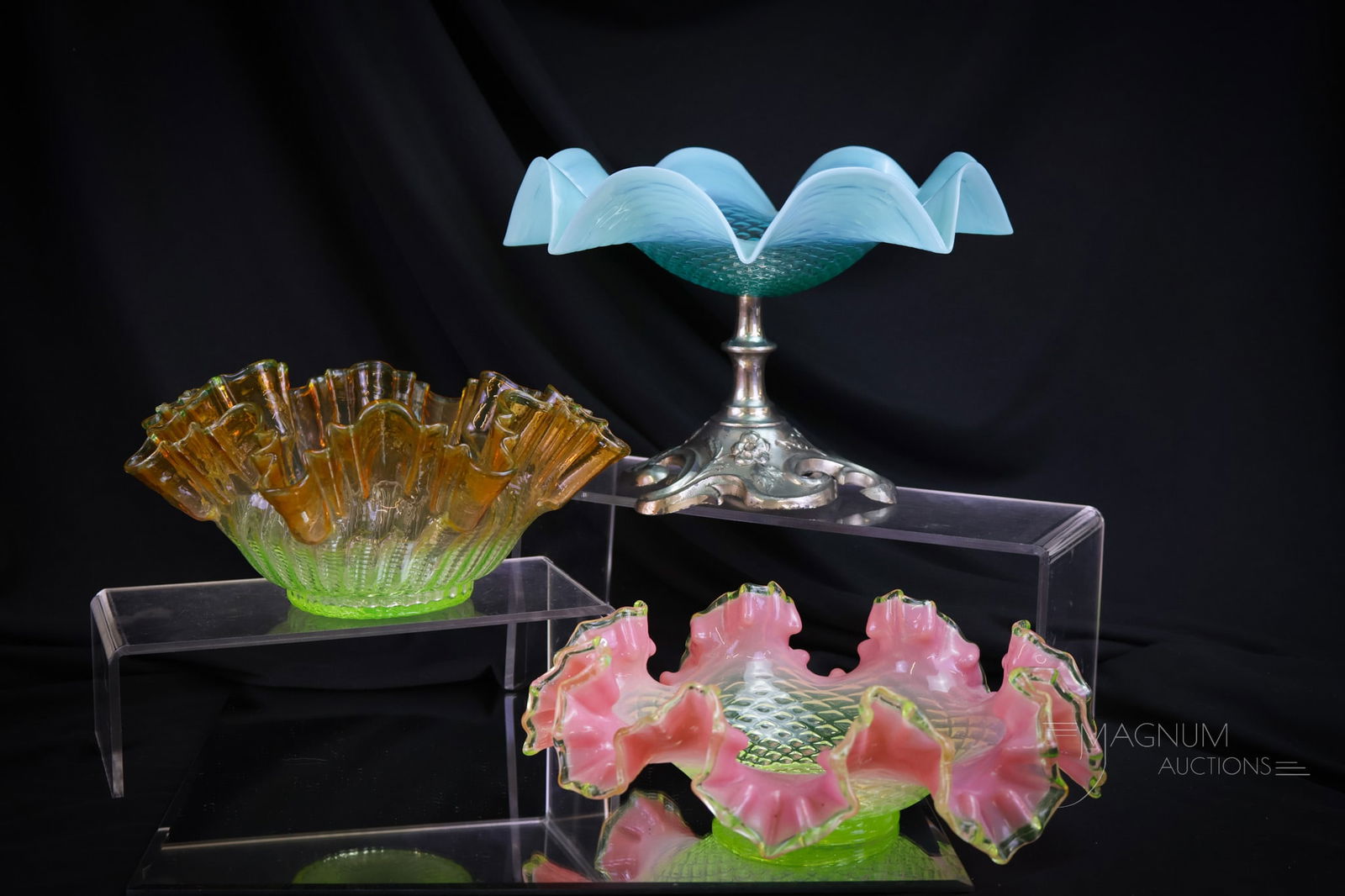 3 pc Lot Vaseline & Uranium Art Glass Bowls (1 of 12)