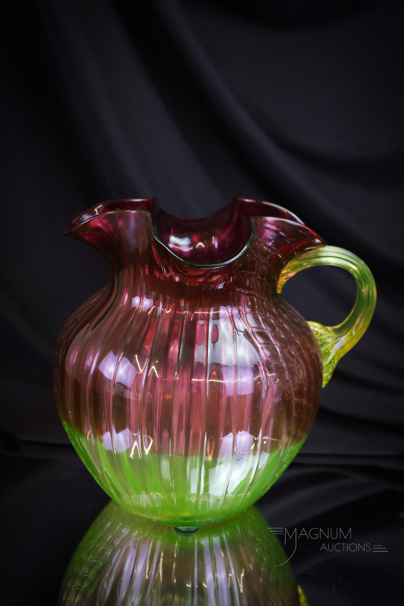 Very Rare Vaseline Cranberry Waffle Swirl Victorian Glass Water Pitcher (1 of 7)