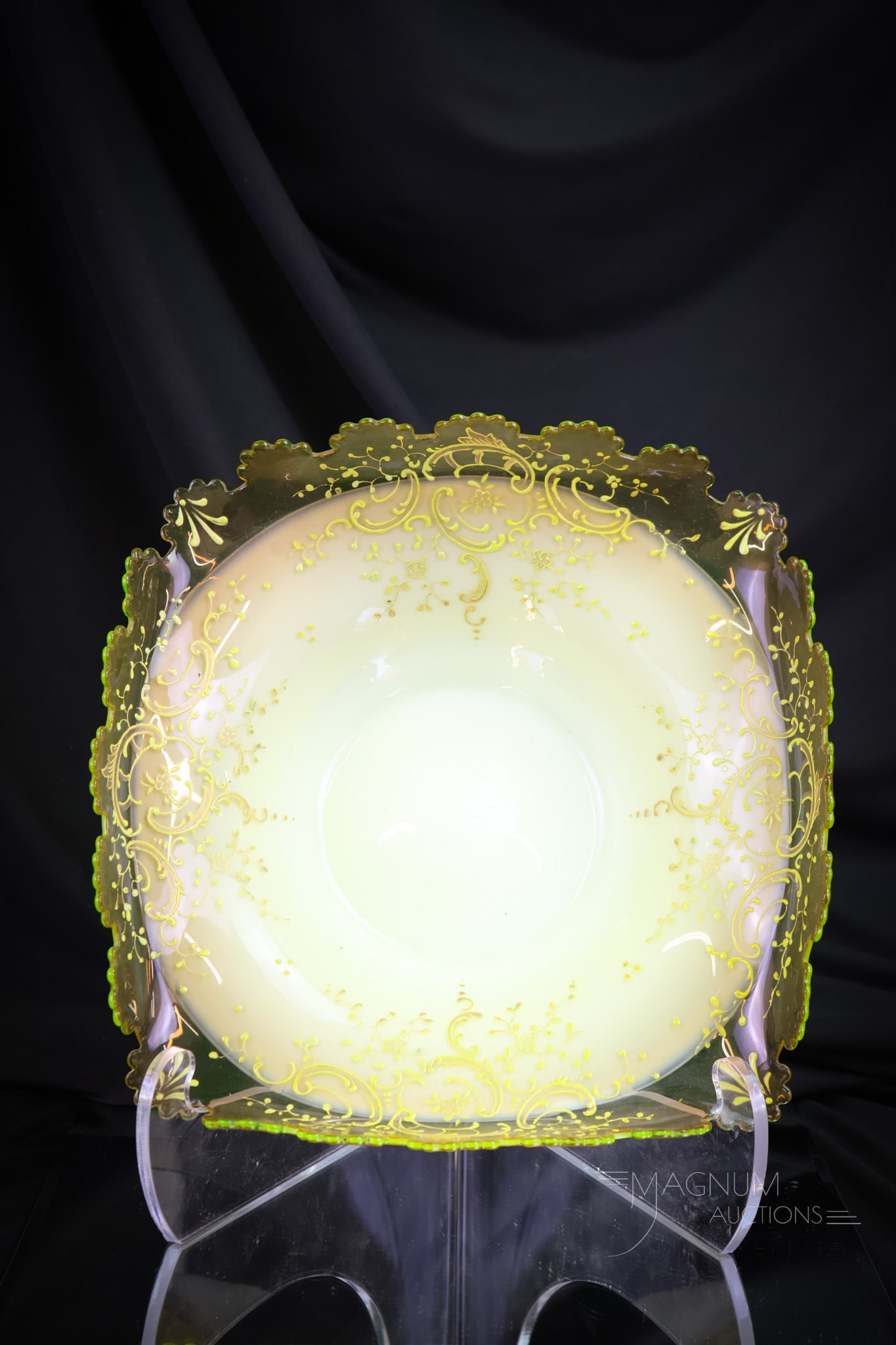 Cased Vaseline Enameled Glass Victorian Brides Bowl (1 of 7)