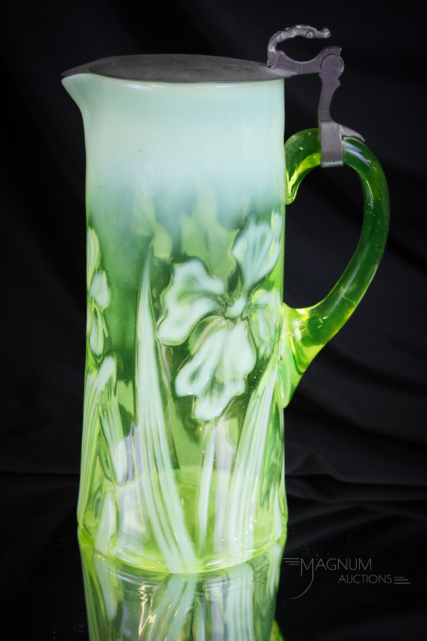 Vaseline Opalescent Victorian Glass Tankard Daffodils Pitcher (1 of 7)