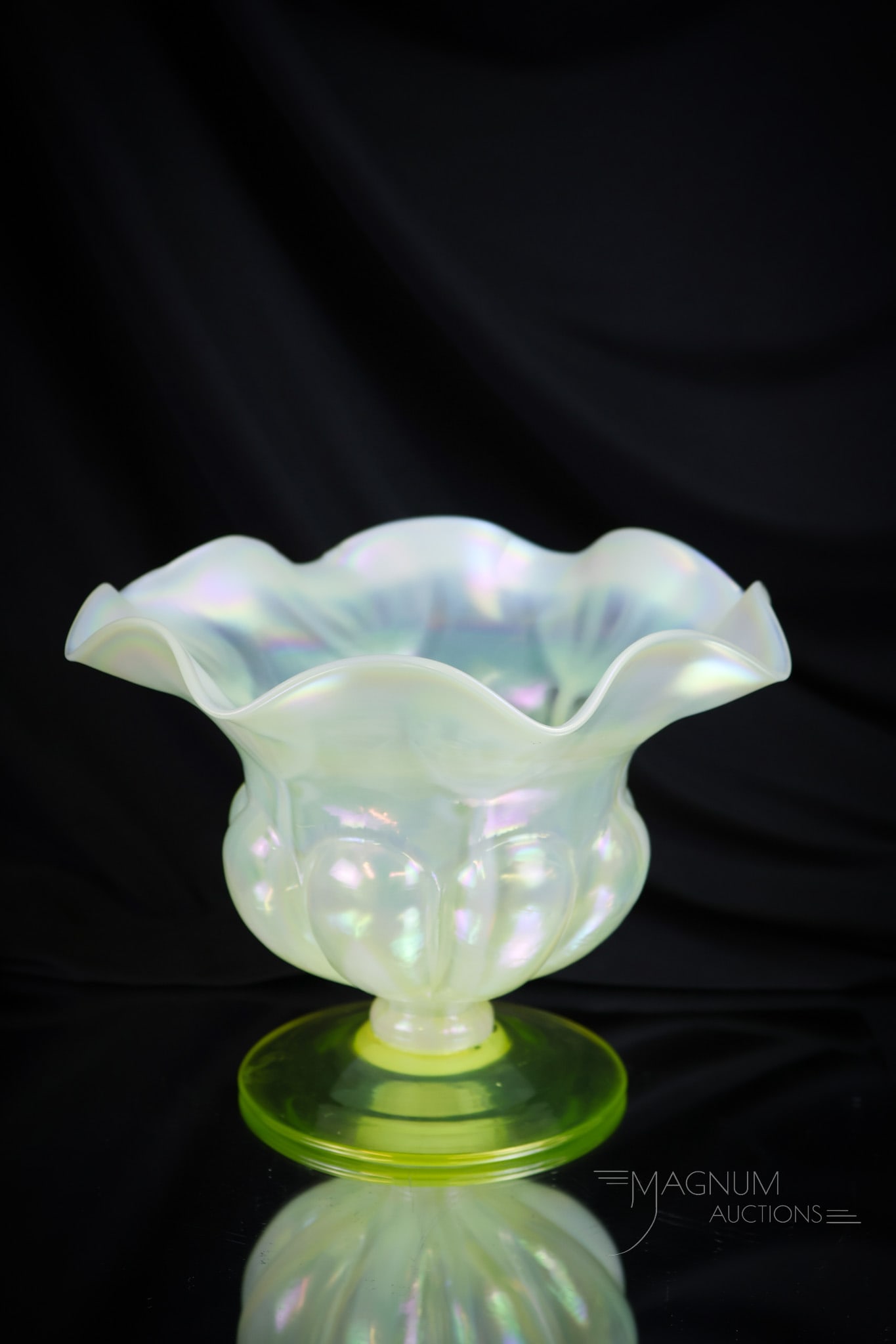 Walsh Victorian Vaseline Opalescent Trident Flower Vase (1 of 8)
