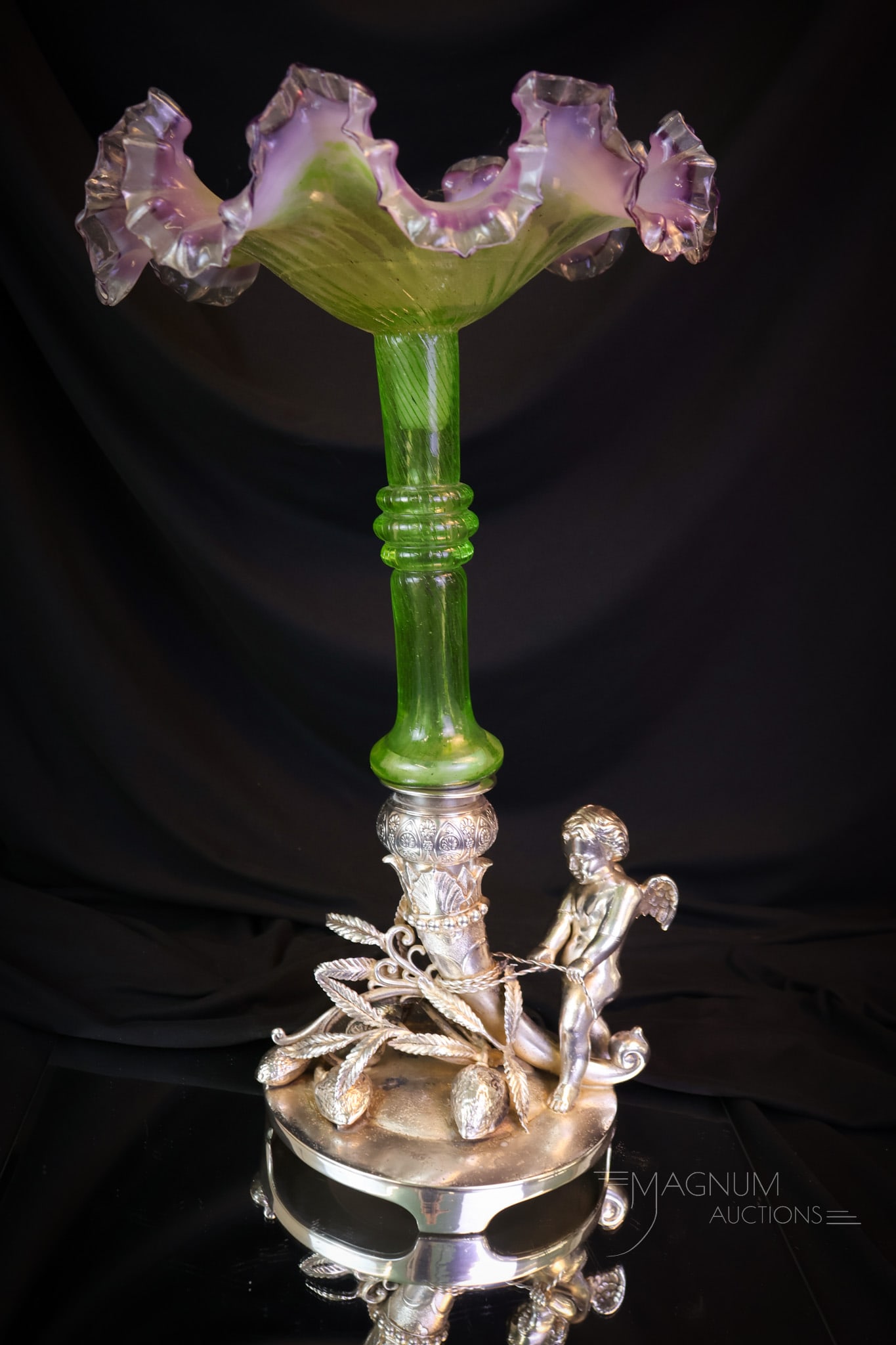 Middletown Victorian Silverplate Epergne Vaseline Purple Glass Centerpiece (1 of 10)