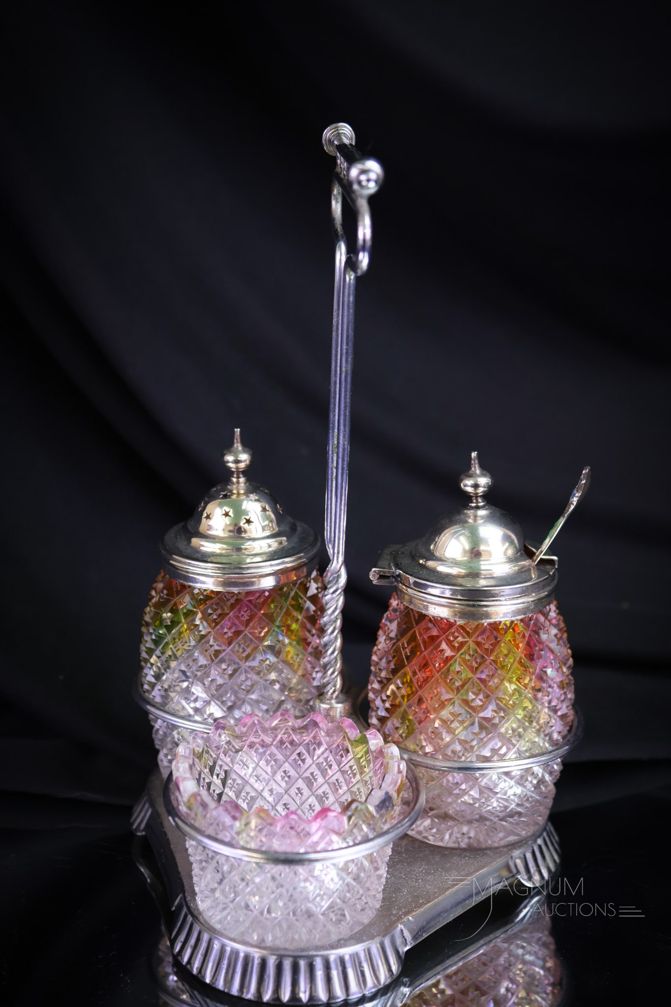 Very Rare Rainbow Cut Glass Victorian Shaker pairpoint Silverplate Condiment Set (1 of 12)
