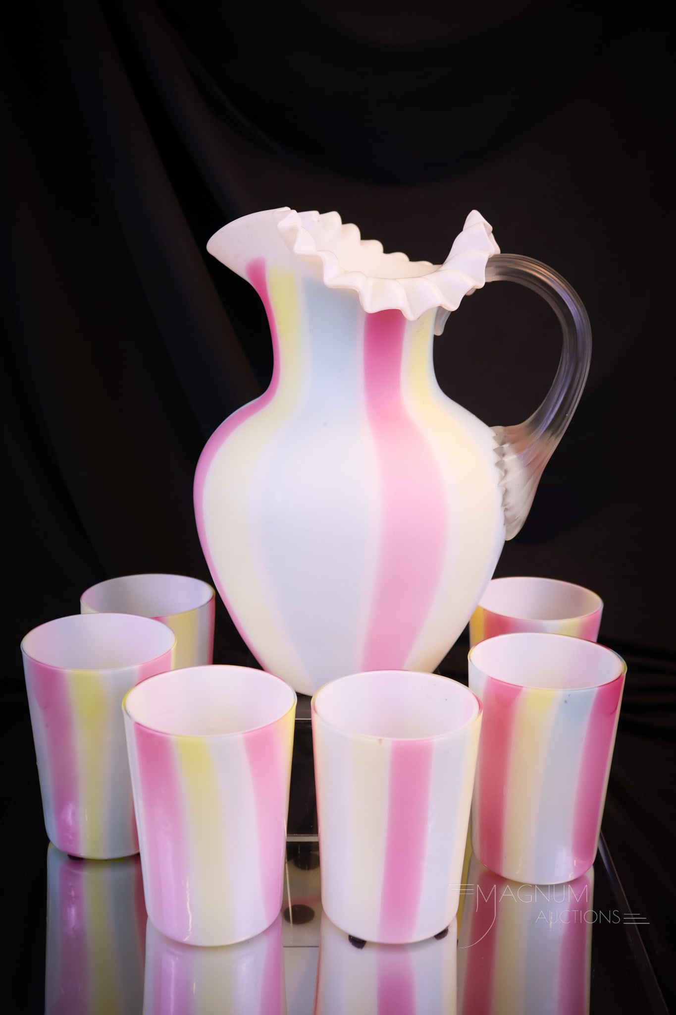 Phoenix Harrach Rainbow Victorian Satin Glass 7 pc Water Set. (1 of 11)