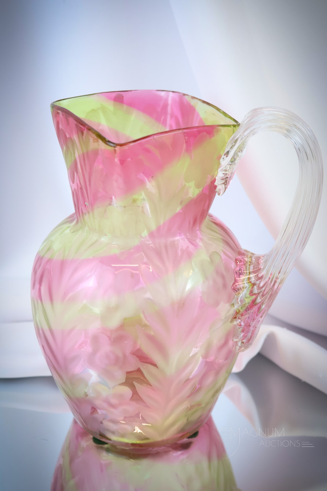 Very Rare Rainbow Victorian Glass Engraved Florals Water Pitcher (1 of 5)