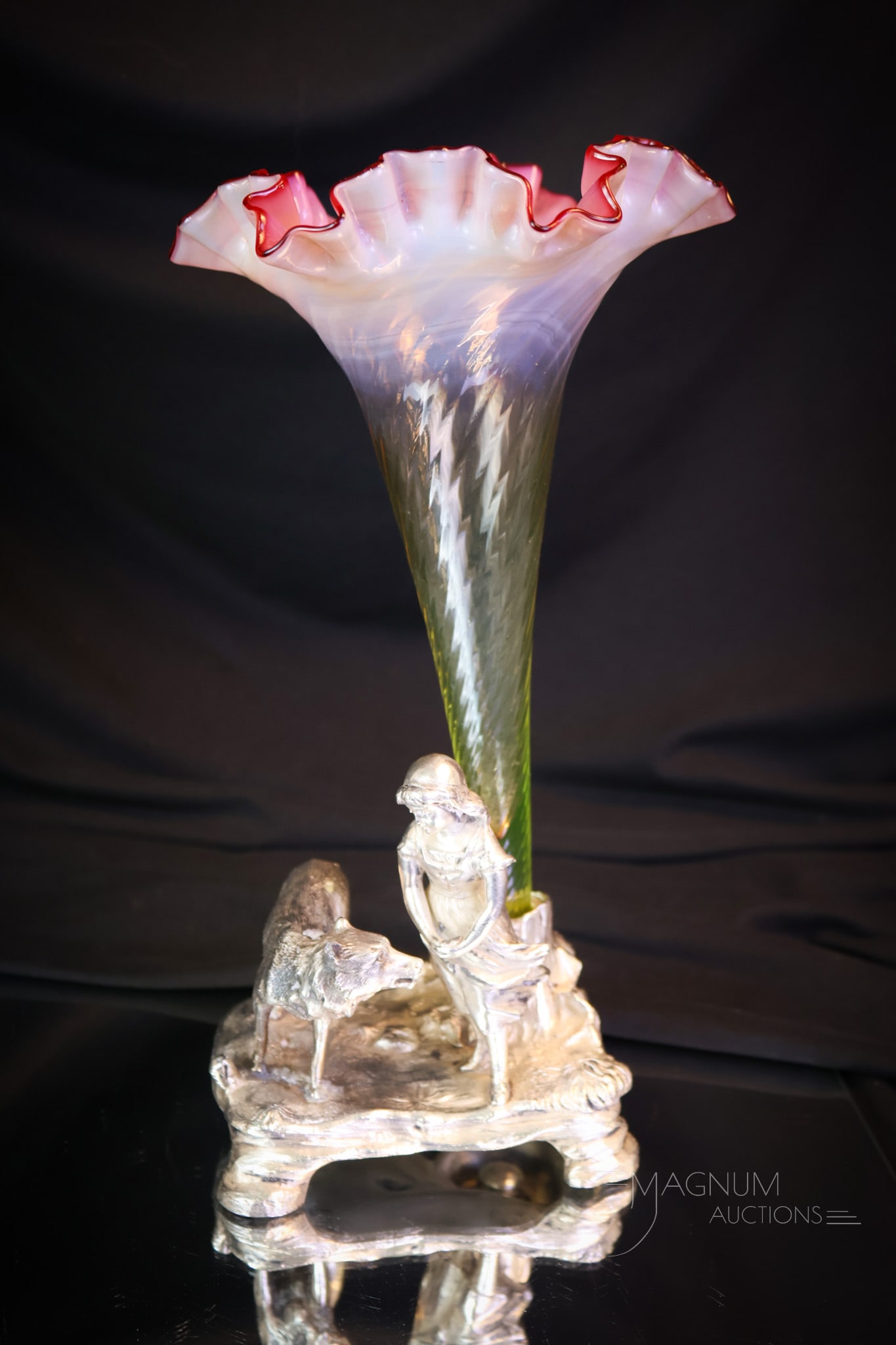 Victorian Silverplate Cranberry Vaseline Opalescent Glass Figural Bud Vase (1 of 11)