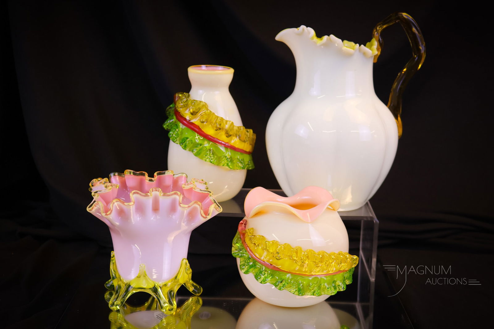 4 pc Lot Victorian Uranium Applied Art Glass Vases (1 of 18)