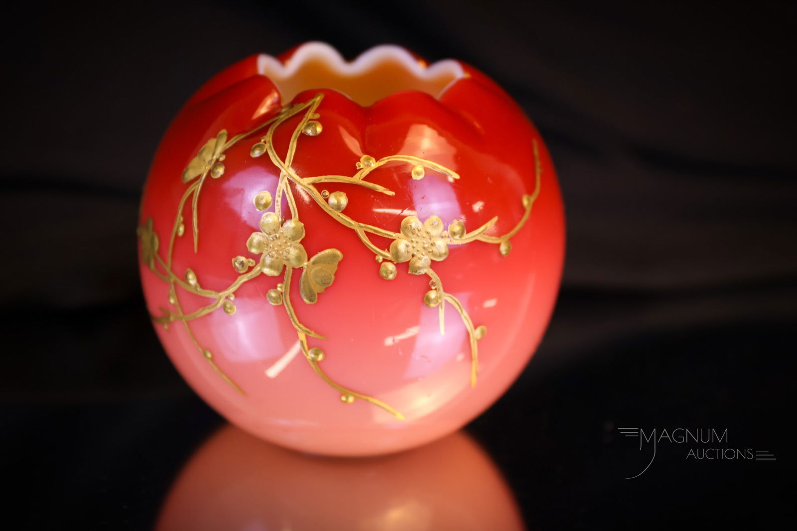 2 1/4" Webb Peachblow Victorian Uranium Glass Gilt Decorated Rose Bowl (1 of 7)