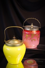 2 pc Lot Victorian Peachblow & Custard Uranium Glass Biscuit Jars