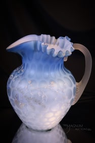 Victorian Blue Satin Mother of Pearl Glass Butterfly Decorated Pitcher