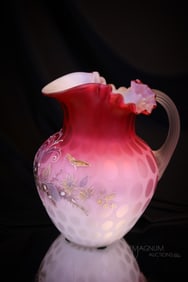 Victorian Pink Satin Mother of Pearl Decorated Water Pitcher