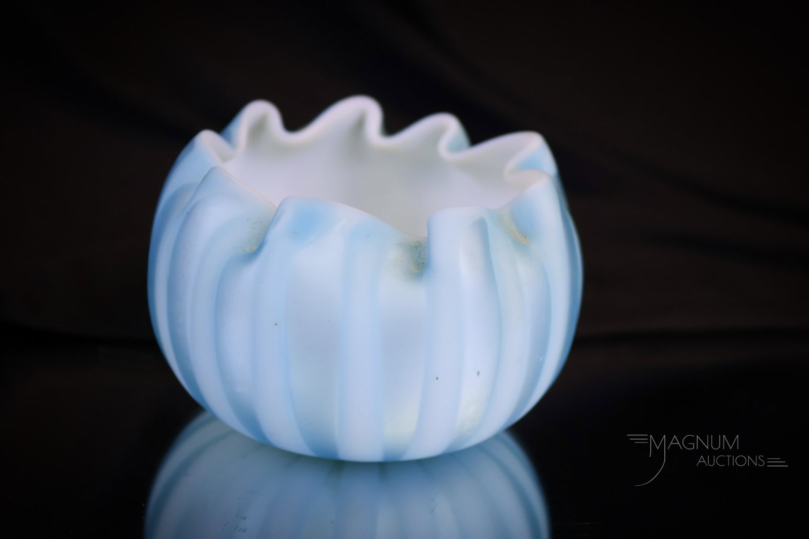 Victorian Blue Satin Stripe Mother of Pearl Glass 2" Rose Bowl: Another beautiful find in our lineup of Victorian mother-of-pearl satin glass. This is a stripe rose bowl in blue. This little gem measures 2" tall and 3" wide. Shipping: At checkout, select "Arrange 
