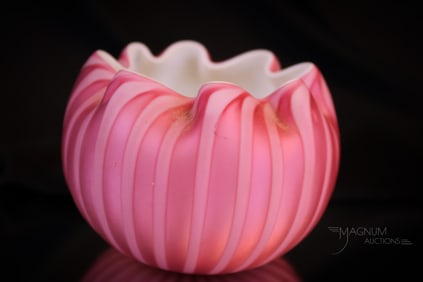 Victorian Pink Stripe Mother of Pearl satin Glass 2 1/2" Rose Bowl