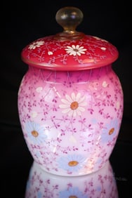 Victorian Catherine the Great Peachblow Glass Enameled Biscuit Jar