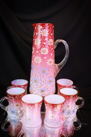 7 pc Victorian Peachblow Gilt Enameled Glass Water Set