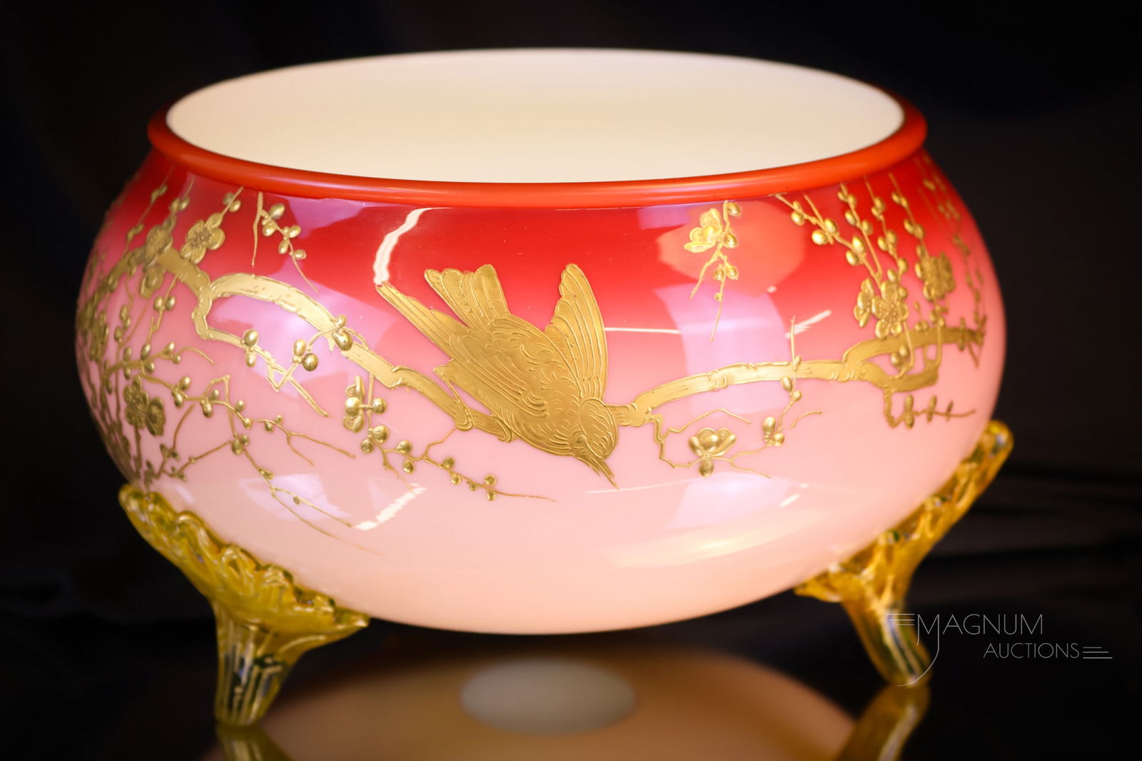 Monumental Webb Peachblow Urankium Gilt Decorated Glass Center Bowl (1 of 9)