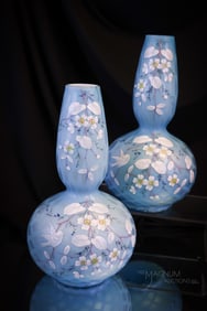 Pair Blue Satin Mother of Pearl Victorian Glass 10 1/2" Vases