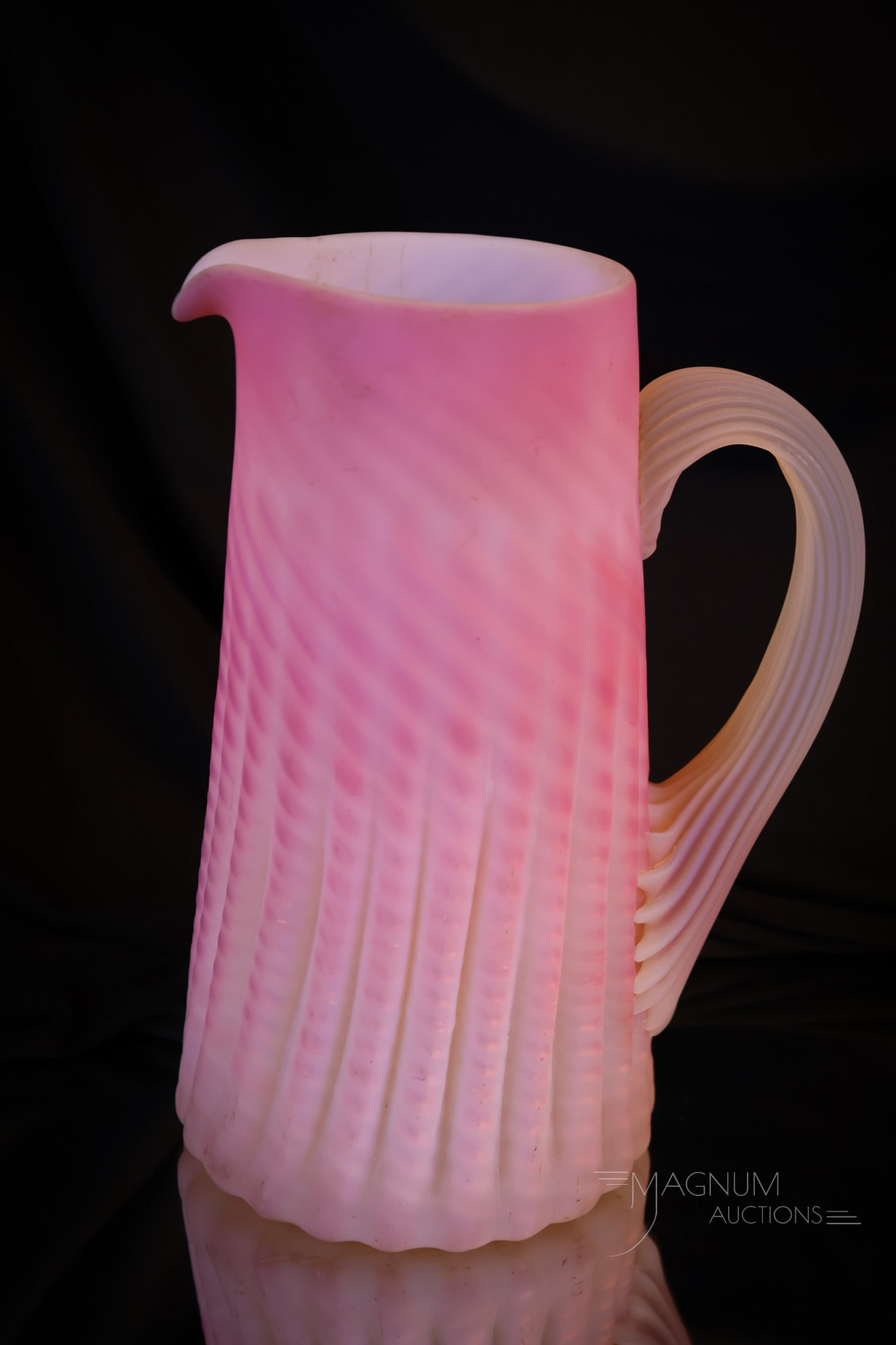 Very Rare Victorian Swirl Ribbed Mother of Pearl Satin Glass Tankard Pitcher (1 of 6)