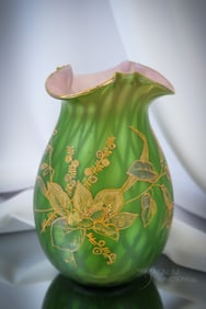 Rare Green & Pink Mother of Pearl Satin Glass Decorated Vase