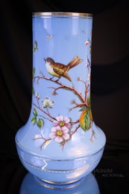 Monumental Victorian Blue Opaline 12 1/2" Enameled Glass Vase