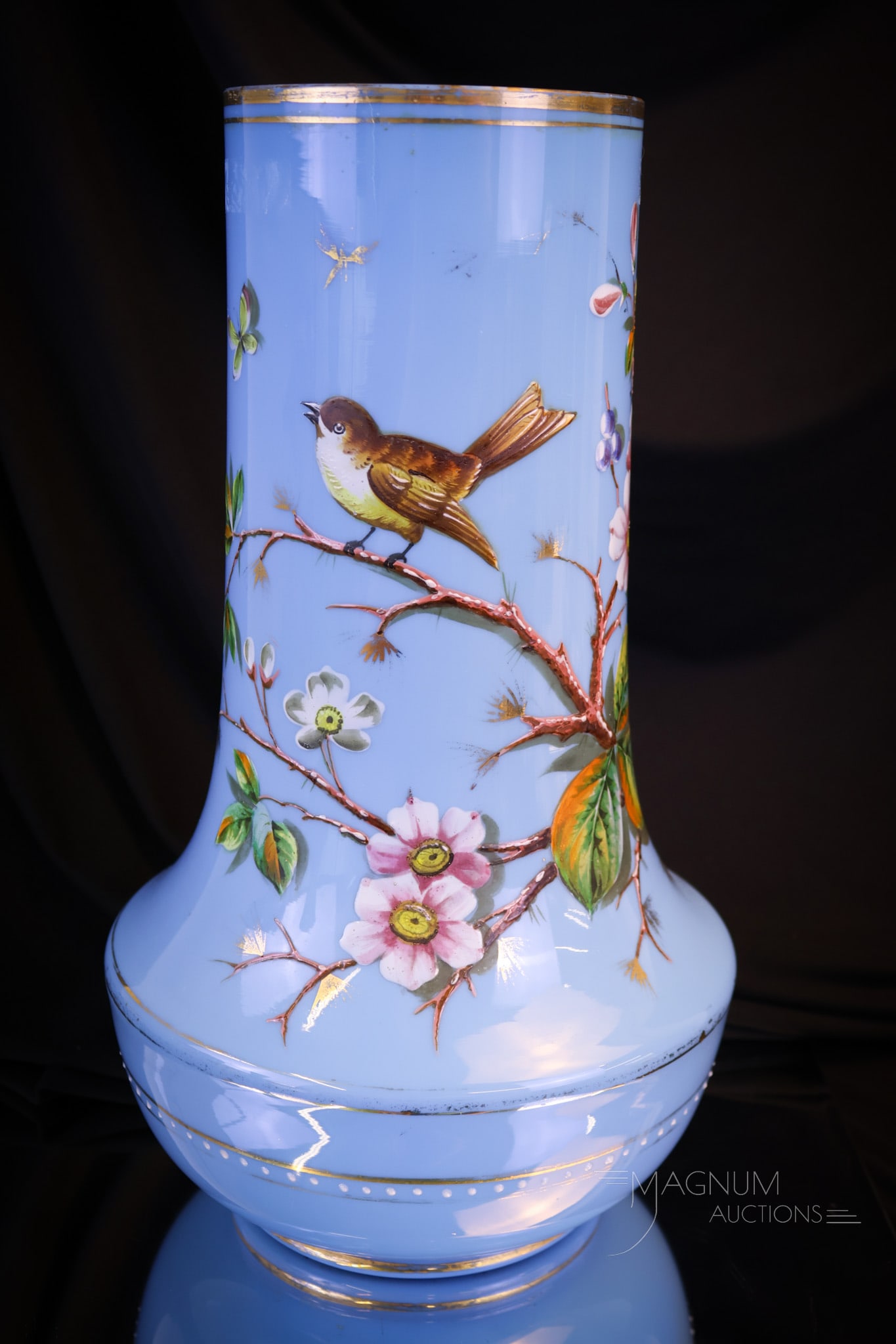 Monumental Victorian Blue Opaline 12 1/2" Enameled Glass Vase (1 of 10)