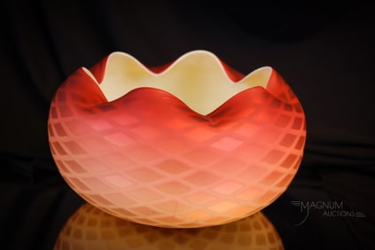 Victorian Crimson Mother of Pearl Satin Uranium Glass Large 8" Bowl