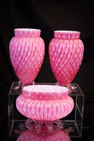 3 pc Welz Glass Victorian Pink Cased Diamond Quilt Garniture Set