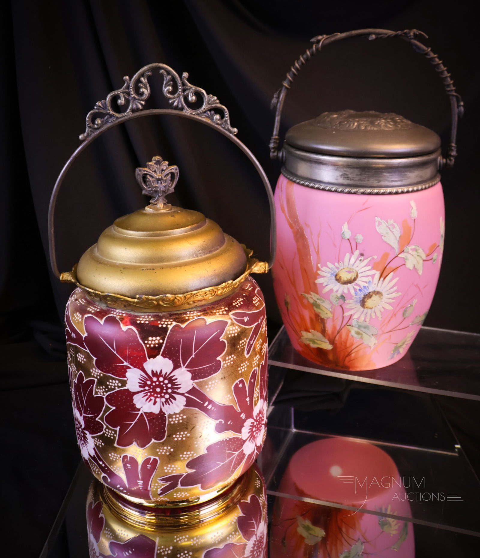 2 pc Lot Victorian Mother of Pearl & Cranberry Gilt Biscuit Jars (1 of 9)