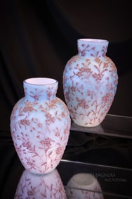 Rare Pair Coralene Decorated Mother of Pearl Satin Glass Vases