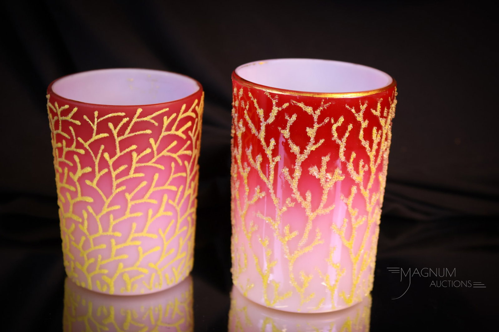 2 pc Lot Victorian Peachblow Coralene Decorated Art Glass Tumblers: Two fine examples of Victorian cased peachblow glass tumblers. One is in satin finish and the other is glossy. Both have yellow coralene decoration. The tallest of the two measures 4". Shipping: At ch