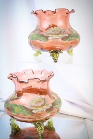 Rare Pair Victorian Uranium Coralene Art Glass 7" Large Vases