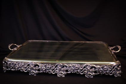 Large 19 3/4" Floral Silverplate Mirrored Surtout de Table Handled Plateau