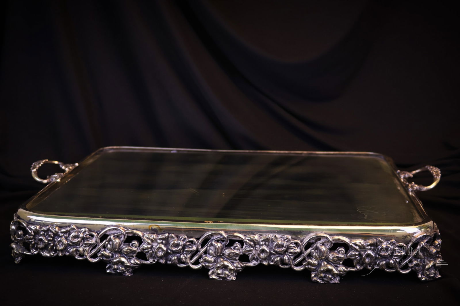 Large 19 3/4" Floral Silverplate Mirrored Surtout de Table Handled Plateau (1 of 6)