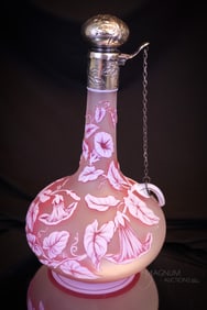 English 3-Color Victorian Cameo Glass Claret Decanter w/ Sterling