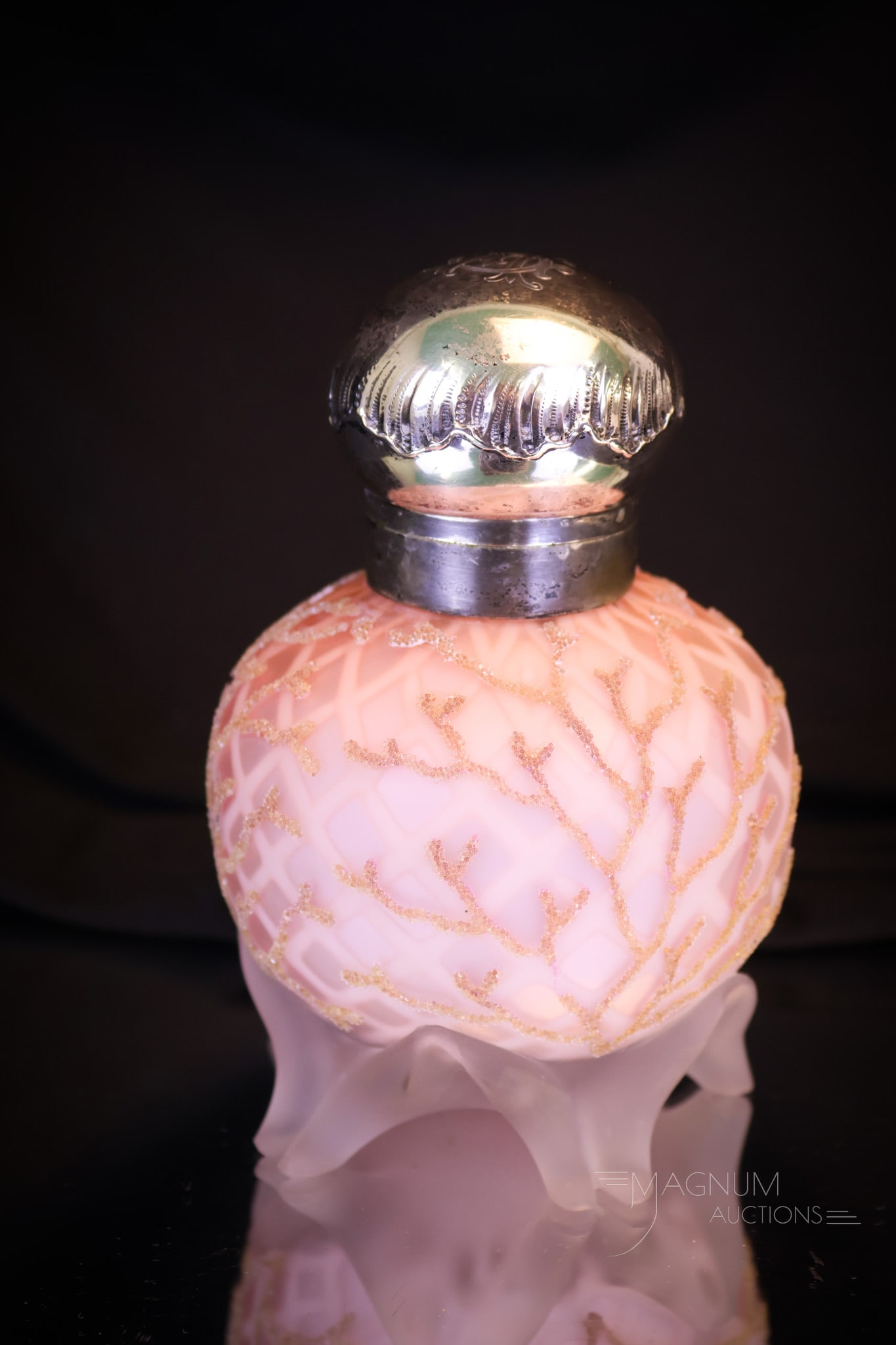 Coral Pink Mother of Pearl Victorian Coralene Art Glass Perfume Bottle w/ Sterling (1 of 8)
